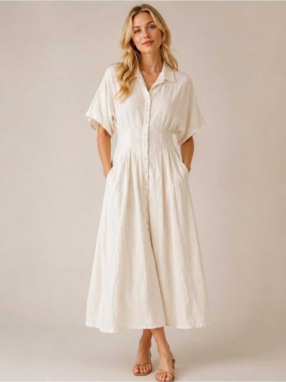 Exquise Anthropologie Tobie Linen Maxi Dress Natural White Pockets Viral M